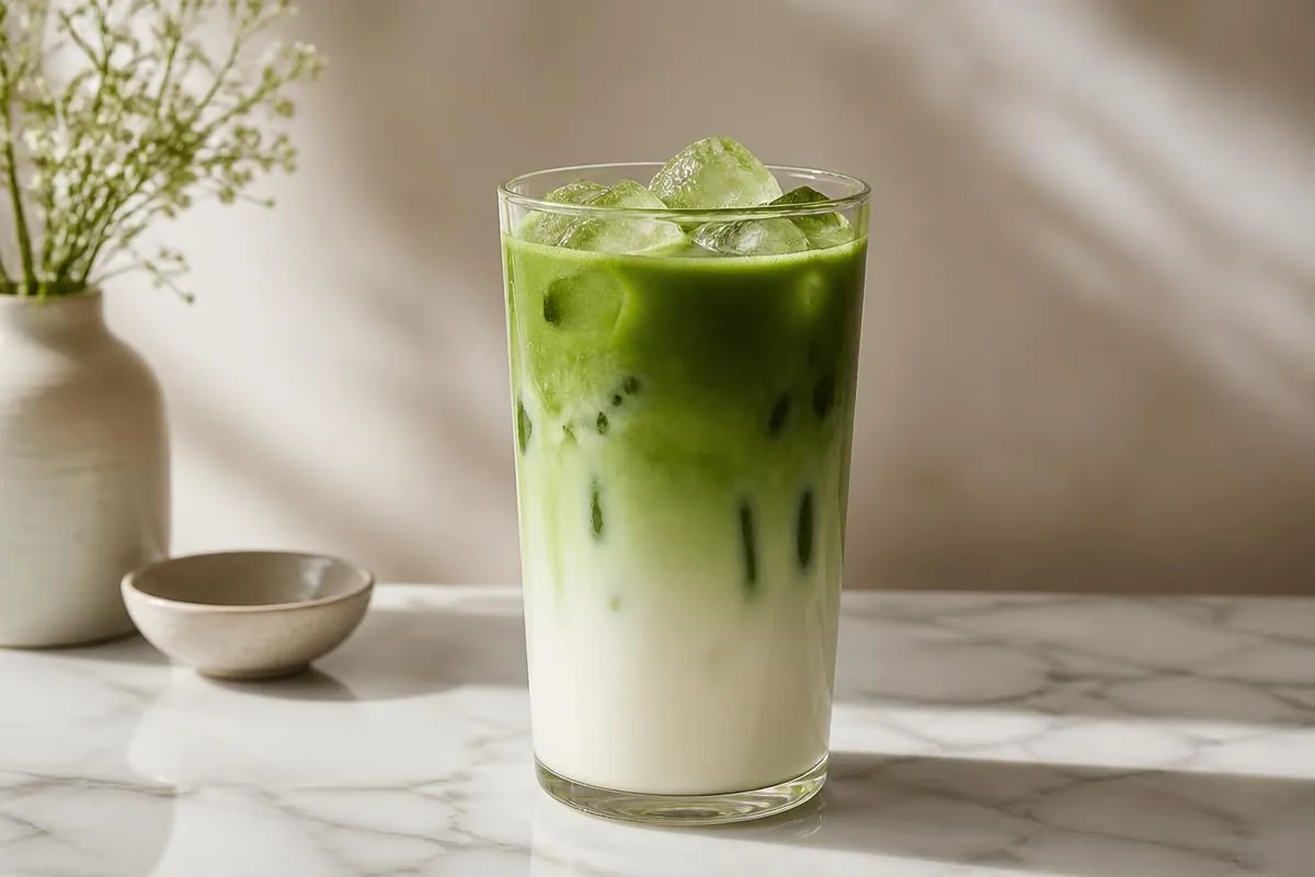 Estetyczny mrożony latte matcha na jasnym marmurowym blacie